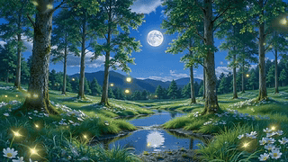 夜景森林水塘