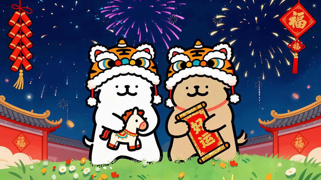 烟火新年线条小狗