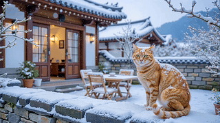 冬日雪墙狸花猫