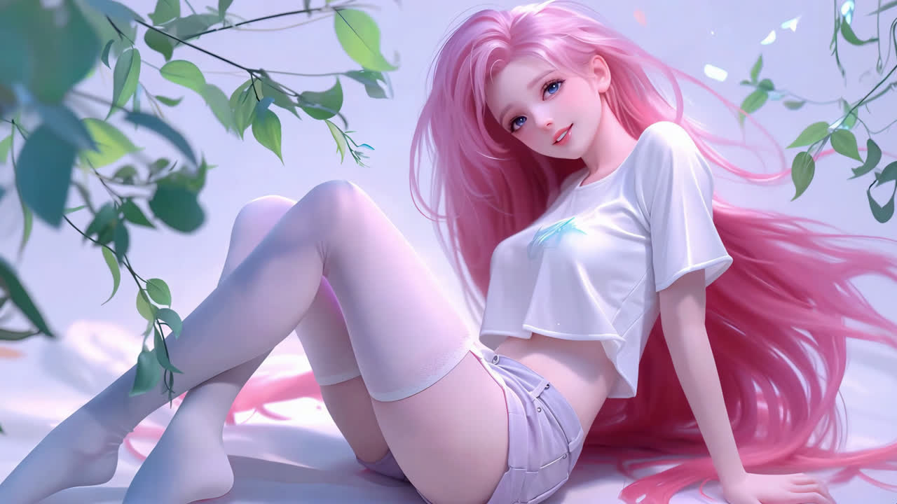 白丝长腿粉发少女