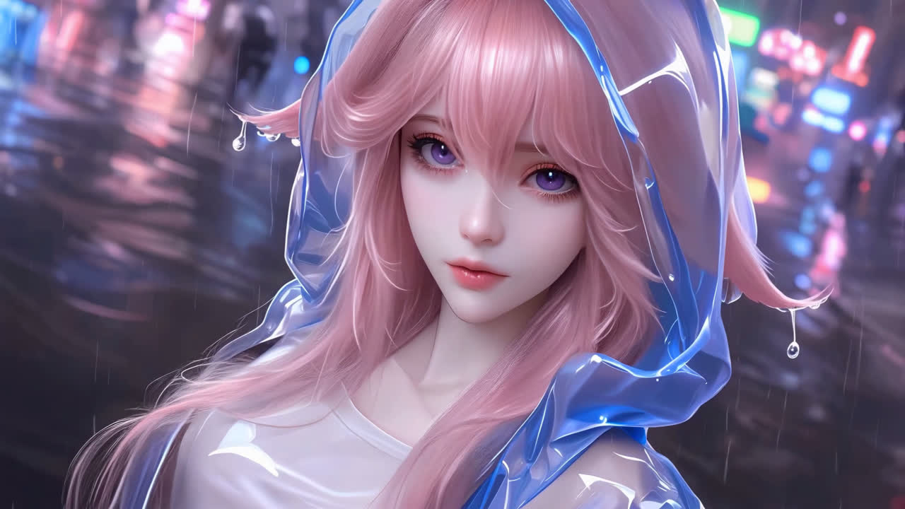 蓝色雨衣粉毛美女