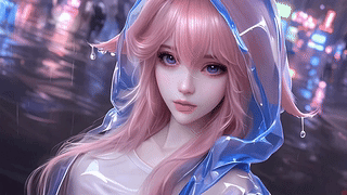 蓝色雨衣粉毛美女