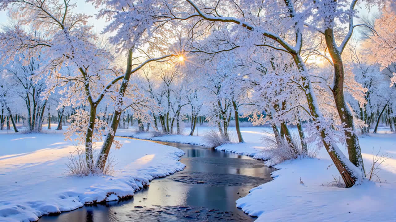 雪天暖阳溪流雾凇