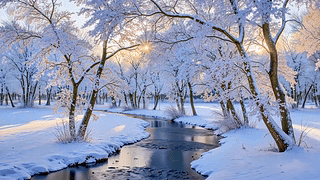 雪天暖阳溪流雾凇
