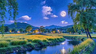 唯美乡村田野夜景小溪