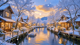 唯美雪天乡村水上小镇