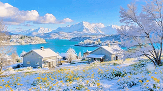 唯美雪山湖泊小屋