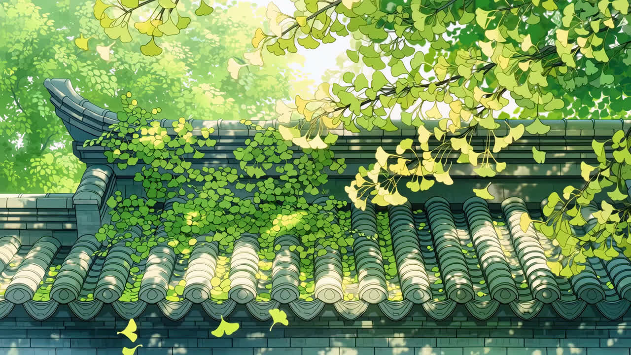 小清新春日房顶银杏
