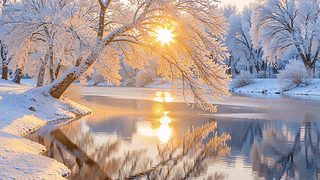 治愈雪景湖泊小溪