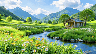 护眼山涧溪水绿色小屋
