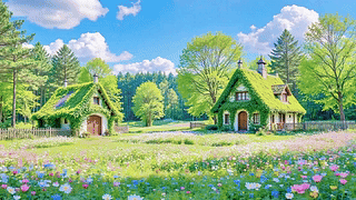 绿色草地森林小屋