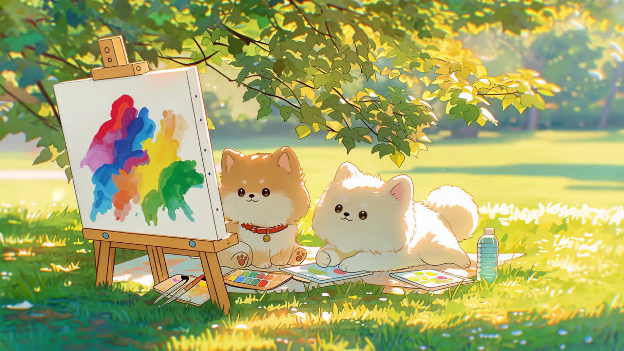 树荫下的狗狗画家二人组