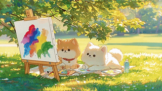 树荫下的狗狗画家二人组