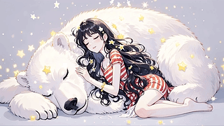 靠着大熊睡着的少女