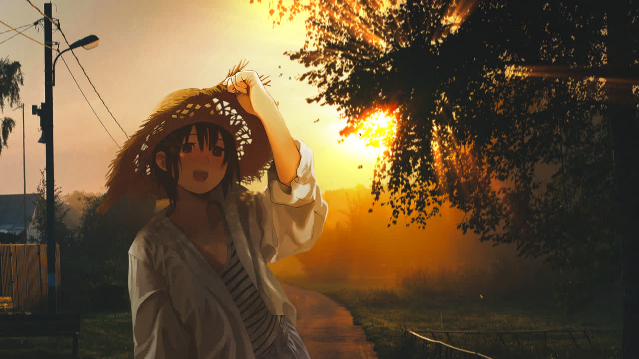 落日草帽短发萌 Sunset straw hat with short hair