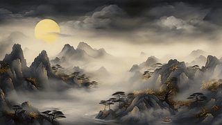 黑金国风山水