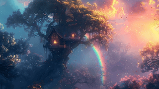 彩虹背景下的奇幻树屋