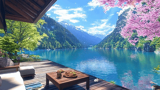 春季樱花湖景山水