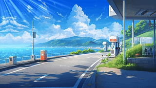 夏日海边油站公路