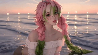 落日晚霞水中美女