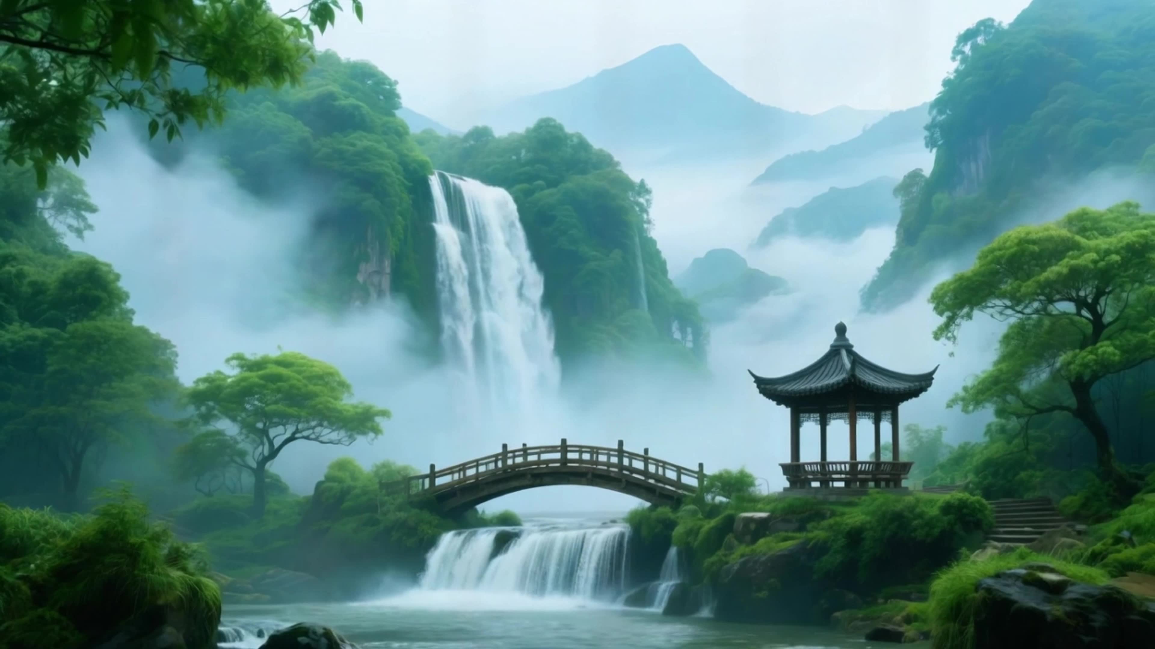 山水瀑布古亭美丽风景