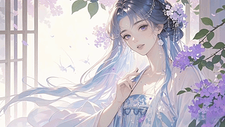 古风美女-花影中的丁香少女