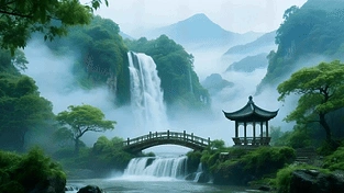 山水瀑布古亭美丽风景 动态壁纸 | 作者：可可爱壁纸