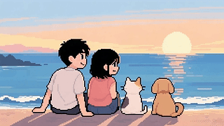 像素风看海情侣和猫狗