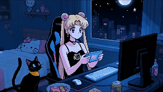 像素风玩平板的美少女