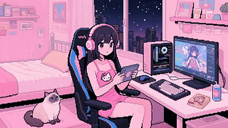 像素风玩平板的少女