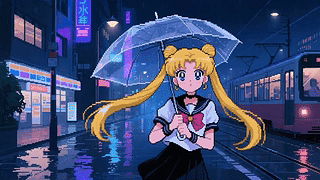 像素风雨中撑伞美少女