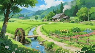 乡村治愈风景插画