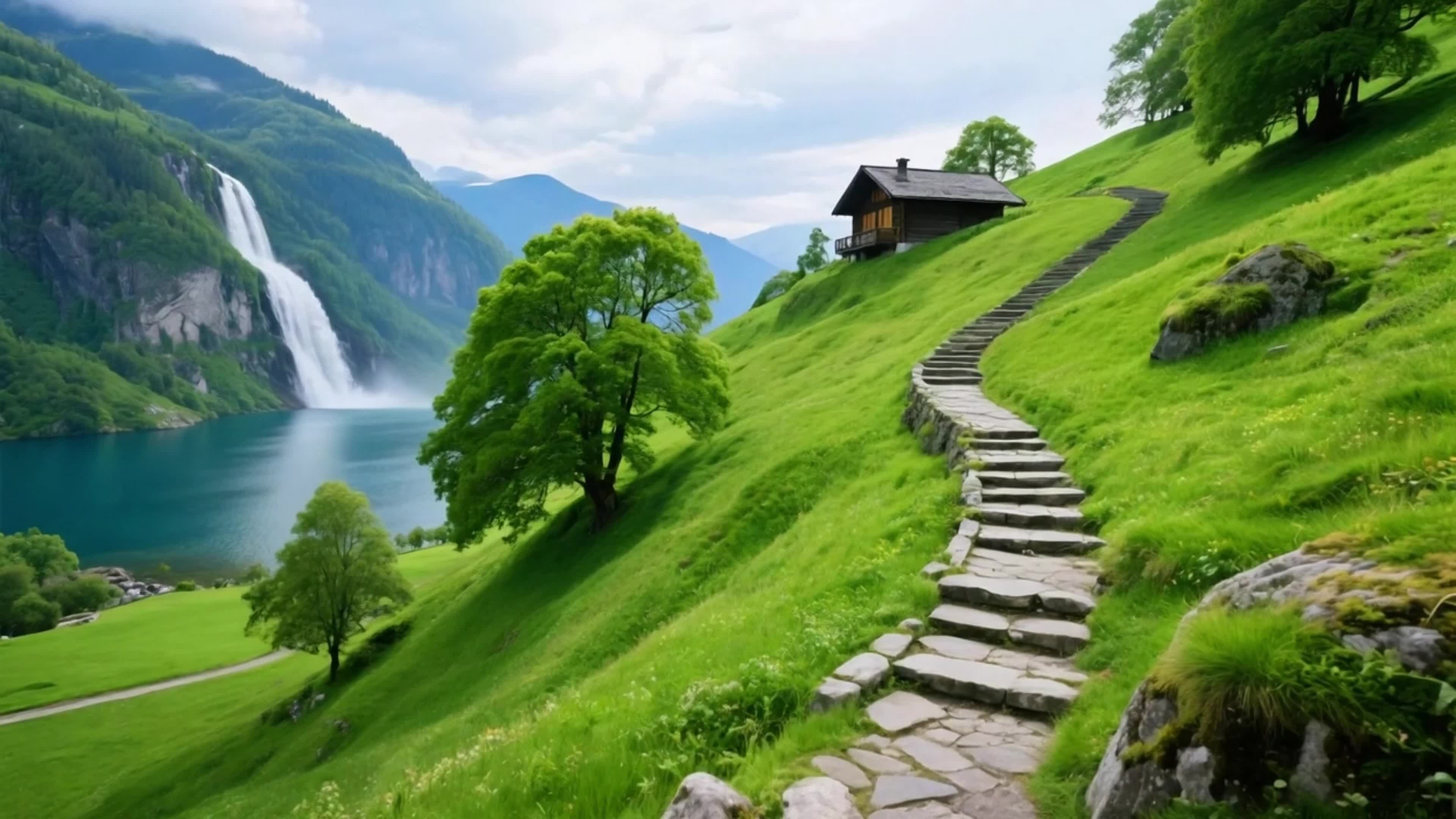 山川瀑布流水小屋美丽风景