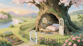 唯美树屋风景插画