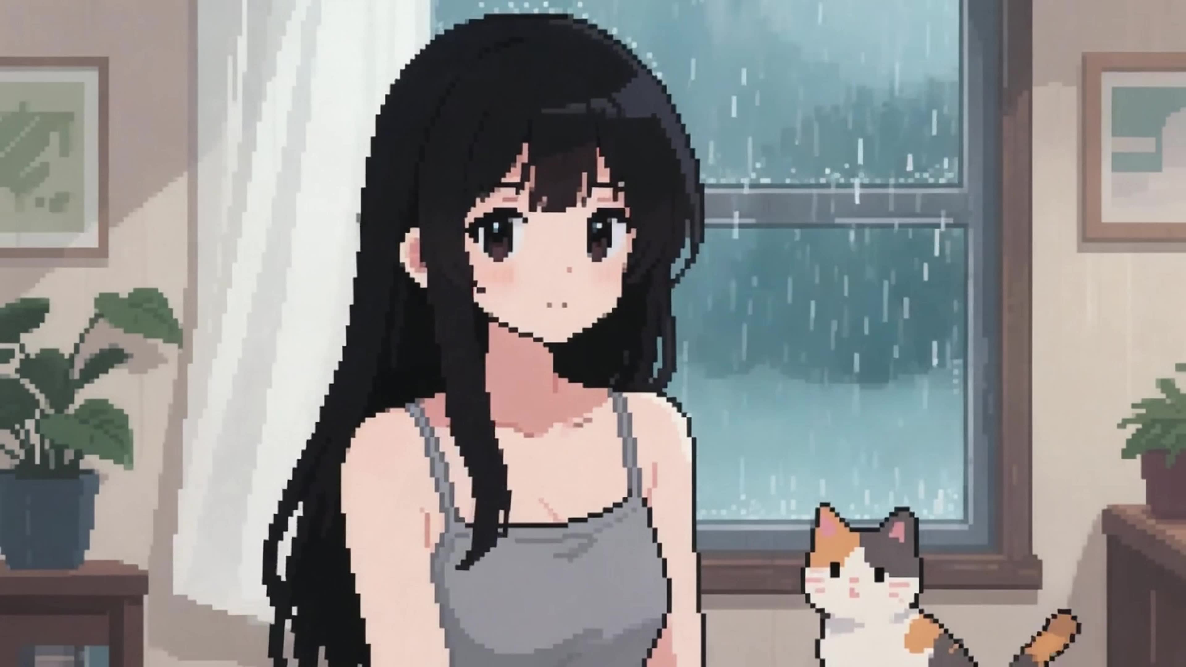 像素风少女和猫咪