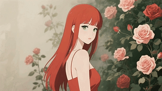 玫瑰花红发少女