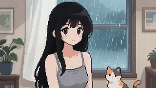 像素风少女和猫咪