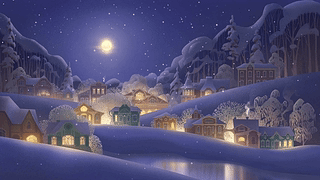唯美插画圆月雪夜