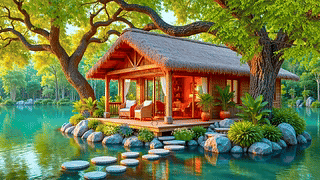 湖中树林木屋