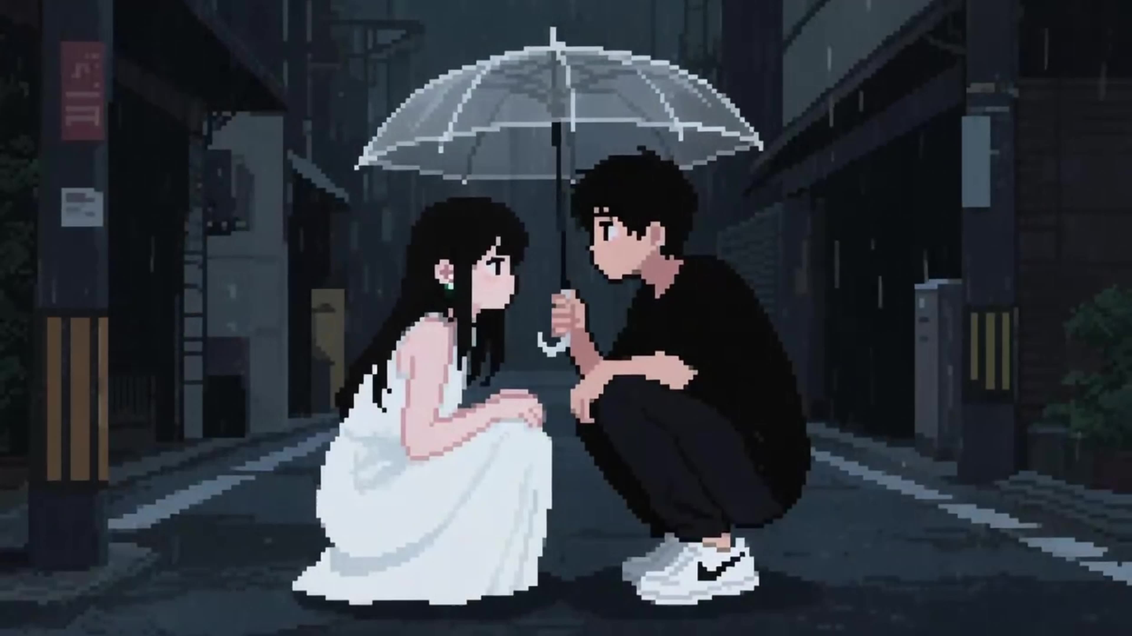 像素风插画雨中撑伞情侣