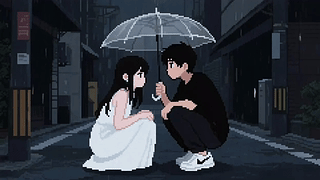 像素风插画雨中撑伞情侣