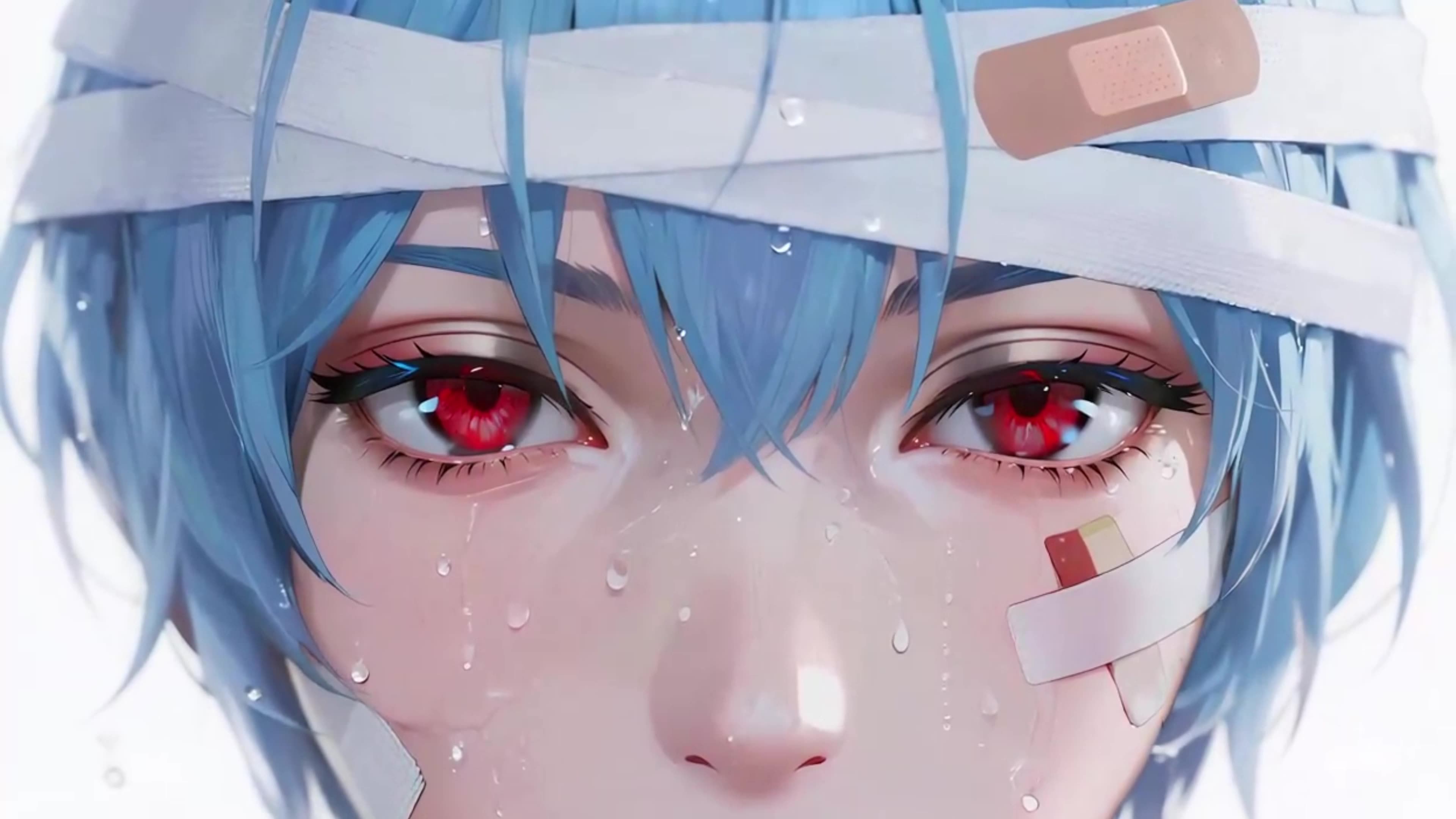 蓝发红眼动漫插画少女