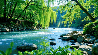 小河流水垂柳