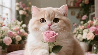 拿着玫瑰花的可爱猫咪
