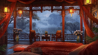 国风雨天山水木屋