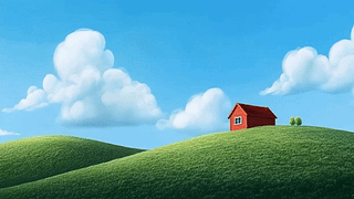 蓝天白云山丘小屋