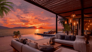 唯美夕阳湖边小屋