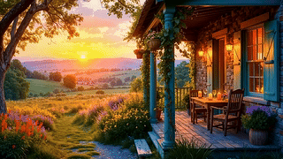 唯美夕阳山地小屋