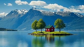 山水湖心小屋美丽风景