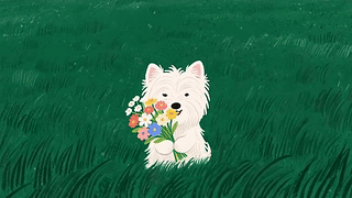 草丛中的捧花小狗
